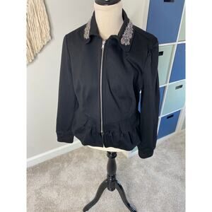 INC Black Silver Embellished Beaded Collar Zipper Jacket Blazer XL Holiday